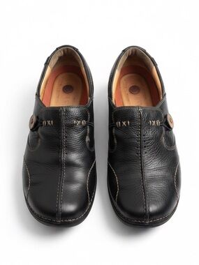 Clarks Structure Black Leather Comfort Loafers Slip On Shoes 9W Wide